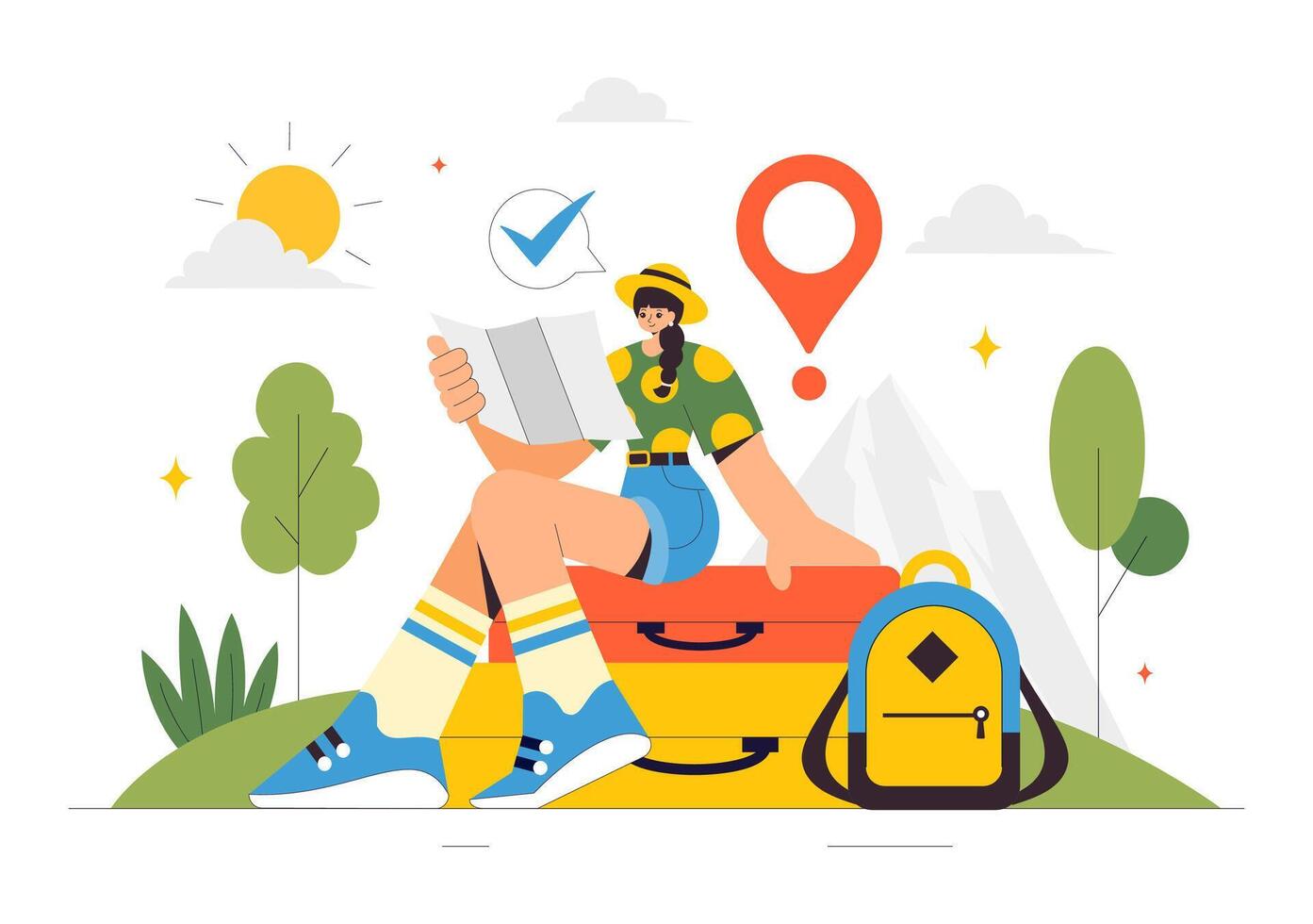 Backpacking and Adventure Illustration with Travel Gear in a Flat Cartoon Background vector