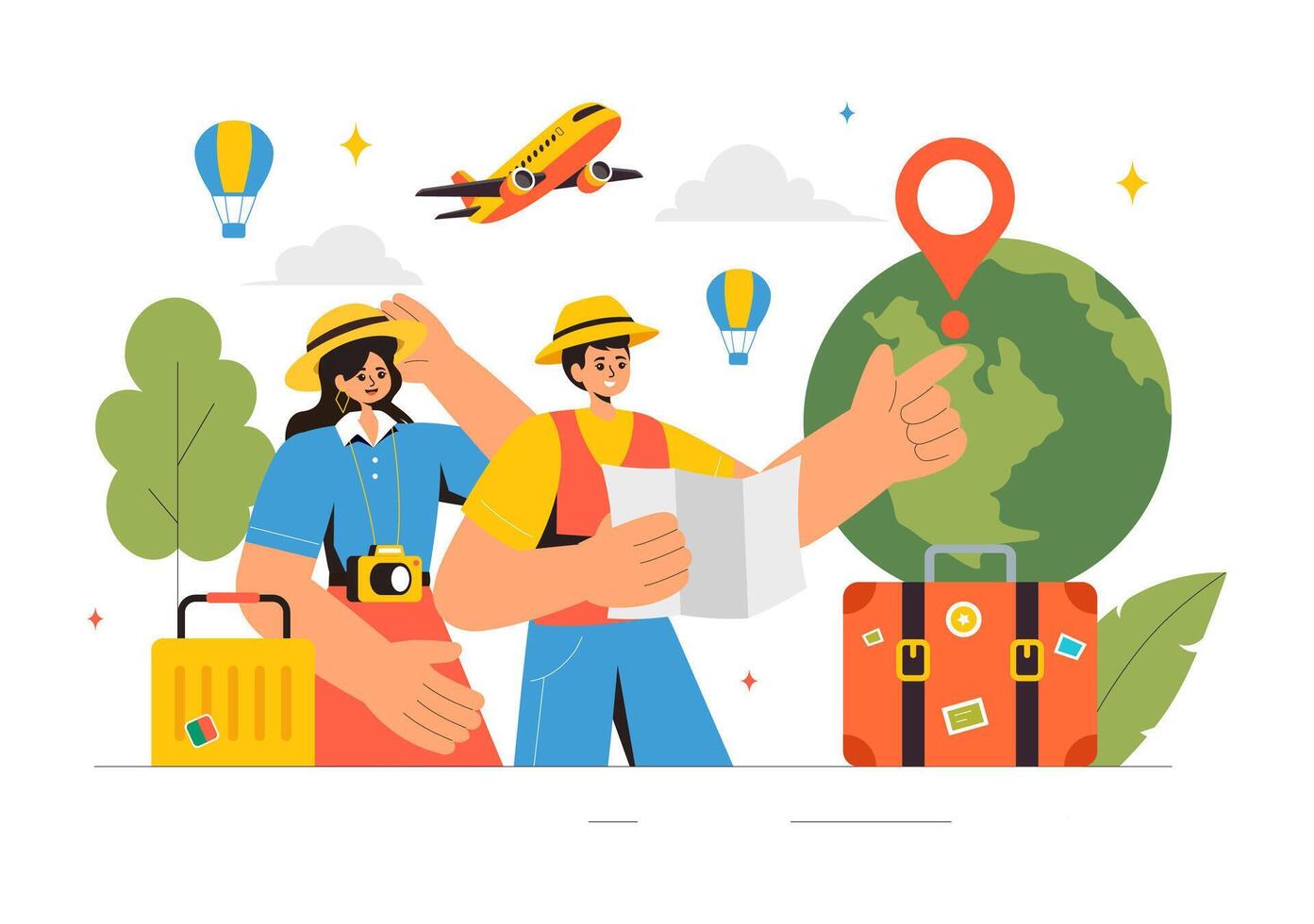 Flat Style Illustration of a Traveler's Essentials Including Luggage, Camera, and Map vector