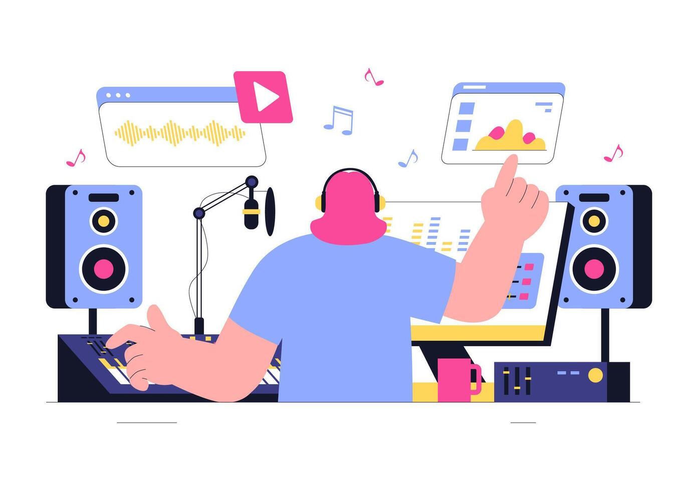 People Recording and Listening to a Podcast in a Professional Music Studio vector