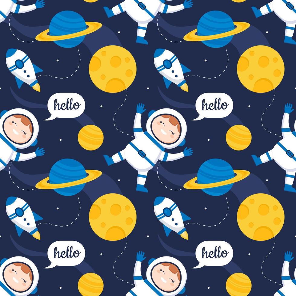 Celestial Space Seamless Pattern with Flying Rockets and Colorful Planetary Systems vector
