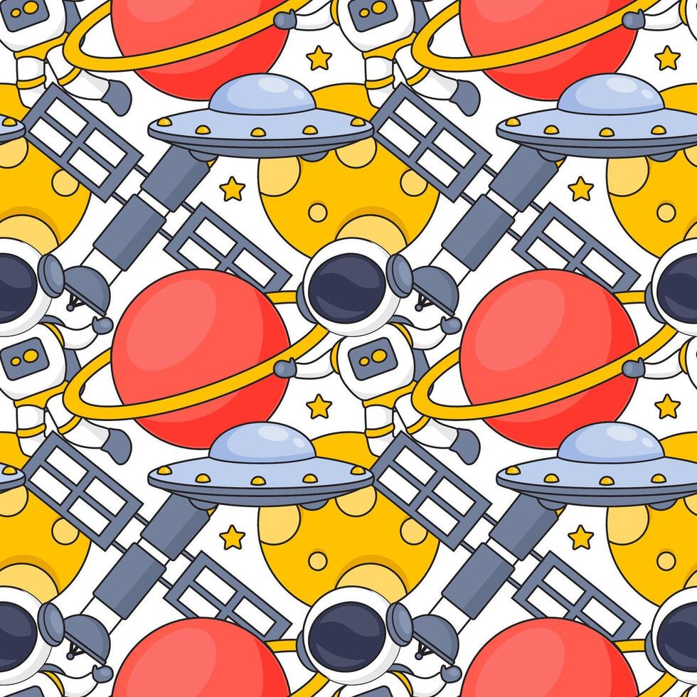 Seamless Cosmic Exploration Pattern with Spaceships, Asteroids, and Planets vector