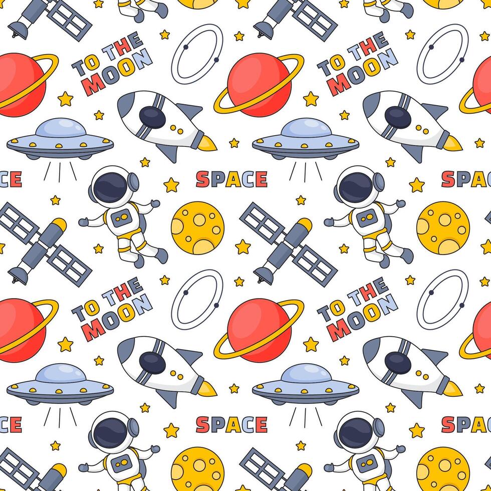 Flat Style Seamless Pattern of Rockets and Planets for Space-Themed Backgrounds vector