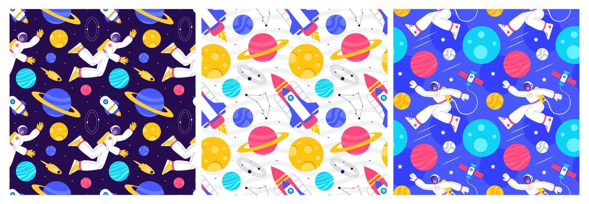 Intergalactic Travel Seamless Pattern with Floating Spacecraft and Celestial Bodies vector