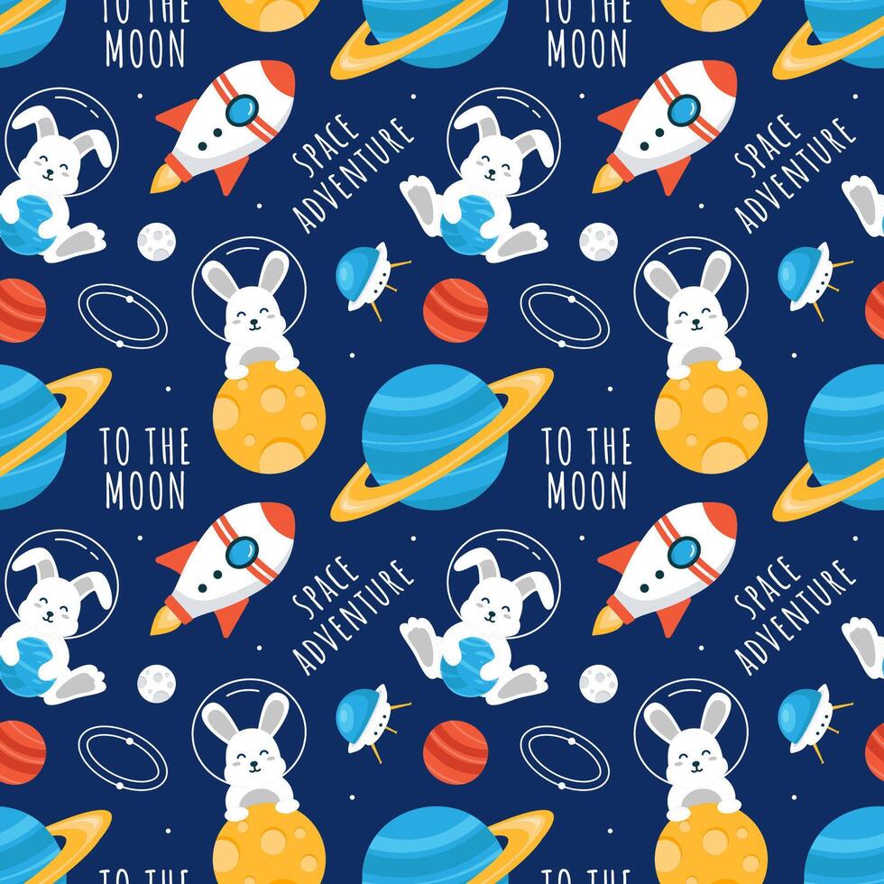 Space Exploration Seamless Pattern with Astronauts, Rockets, and Floating Planets vector