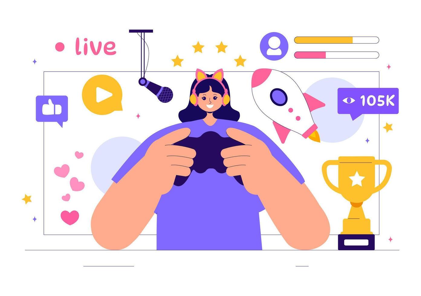Online Gaming Streamer Illustration with a Cute Gamer Playing and Broadcasting Live in a Flat Cartoon Background vector