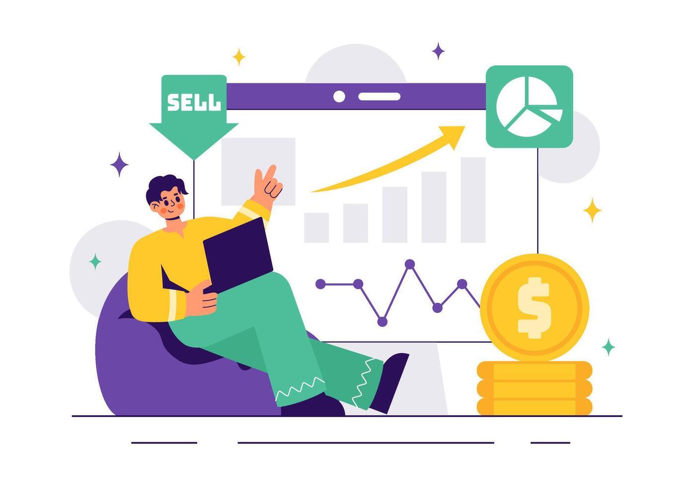 Financial Investment Illustration with Stock Market Growth, Rising Arrows, and Gold Bars in a Business Background vector