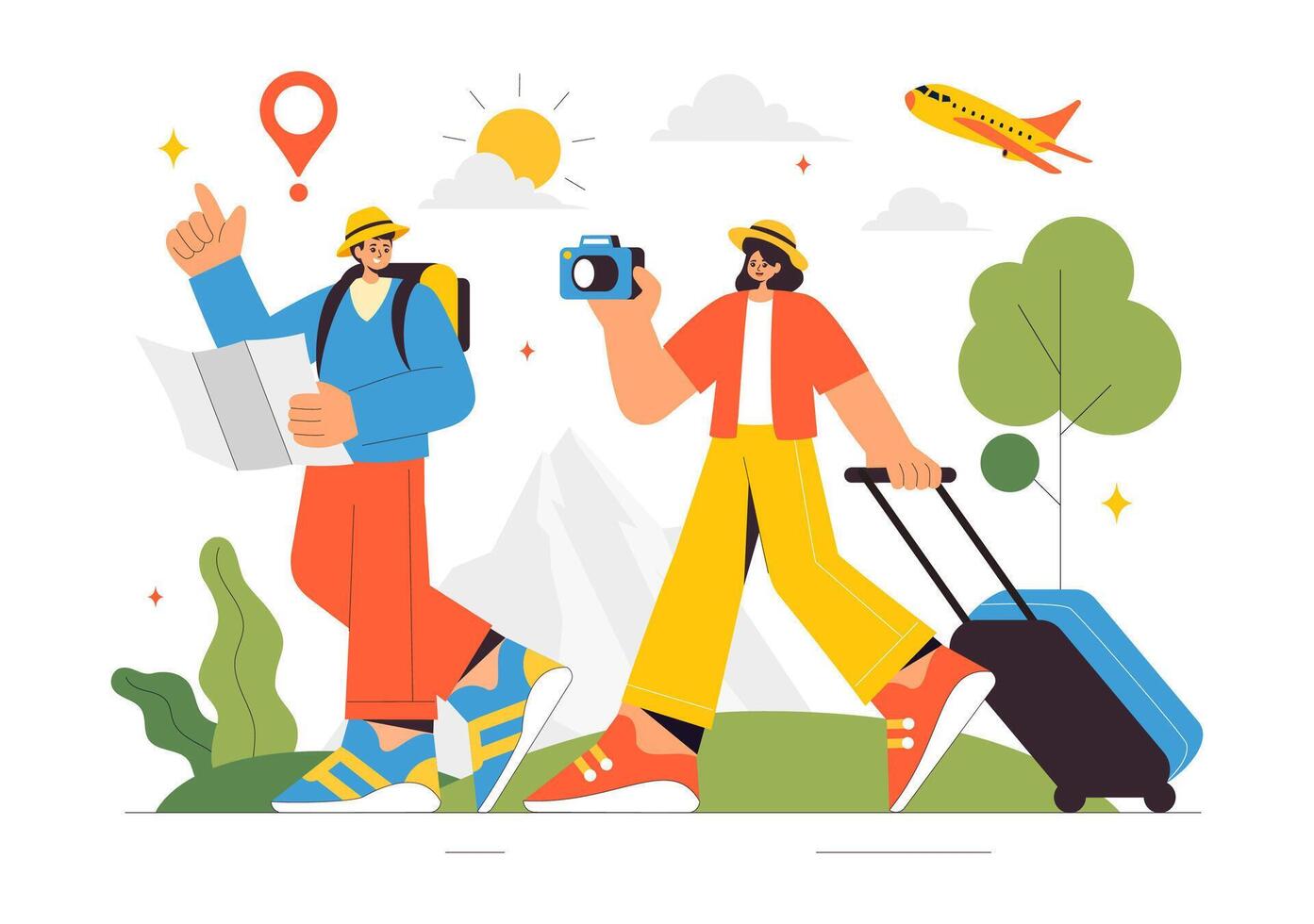 Adventure Travel Illustration with Backpack, Luggage, Map, and Camera in a Flat Cartoon Background vector