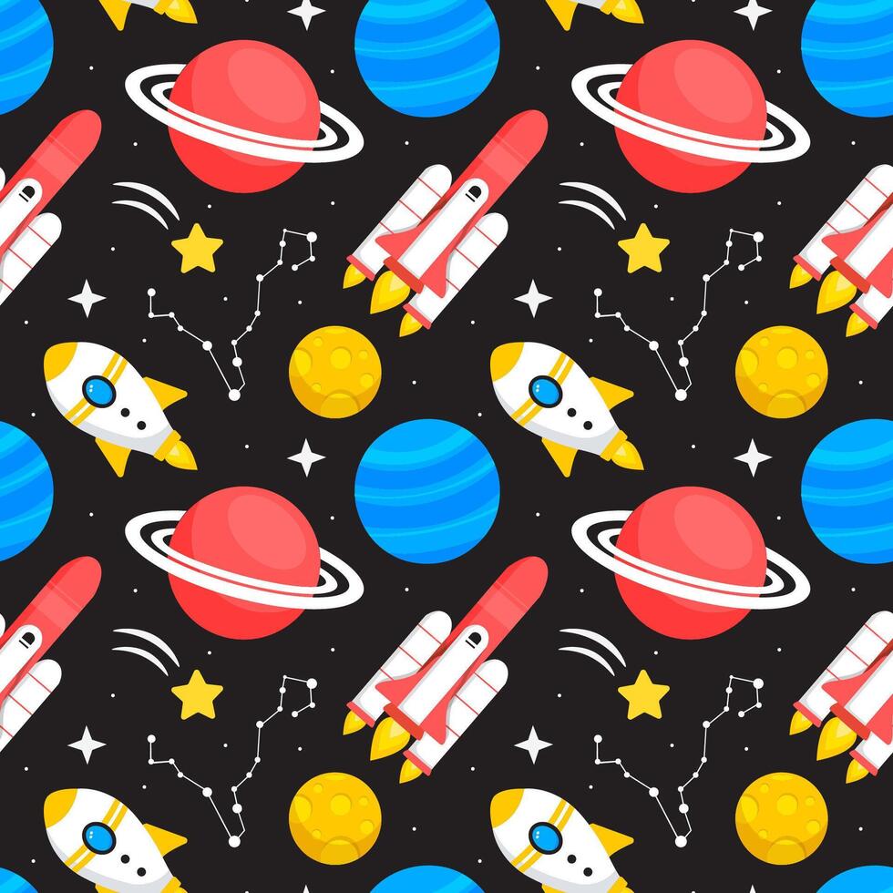 Seamless Outer Space Design with Floating Rockets and Orbiting Planets in Flat Style vector