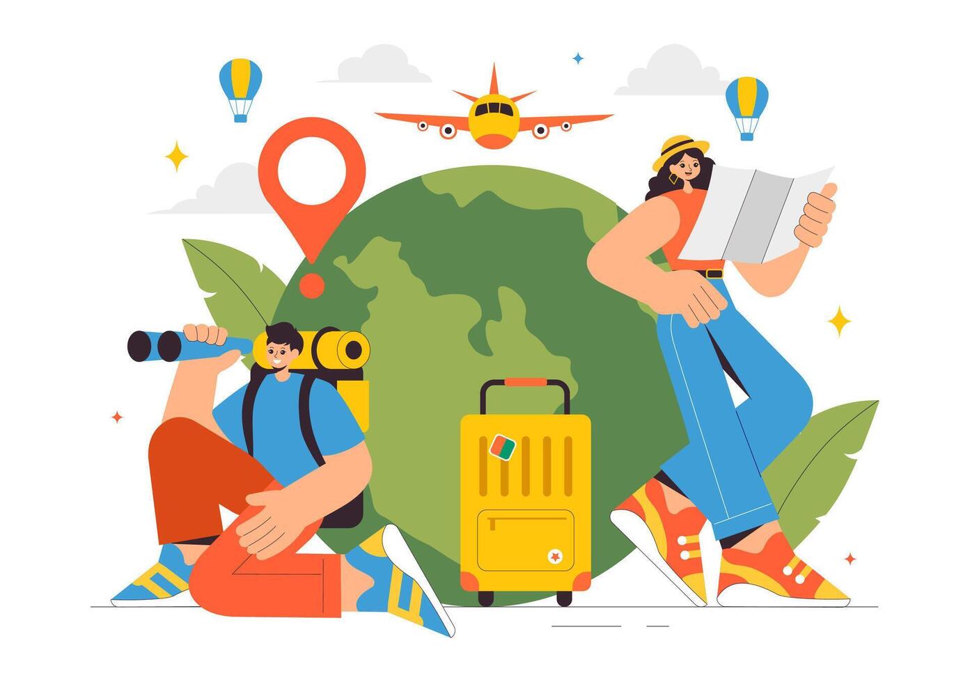 Illustration of a Tourism Journey with a Backpack, Luggage, and Travel Guide in a Flat Design vector