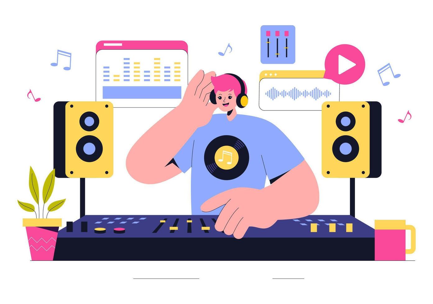 Music and Podcast Production Process Illustration with Sound Equipment vector