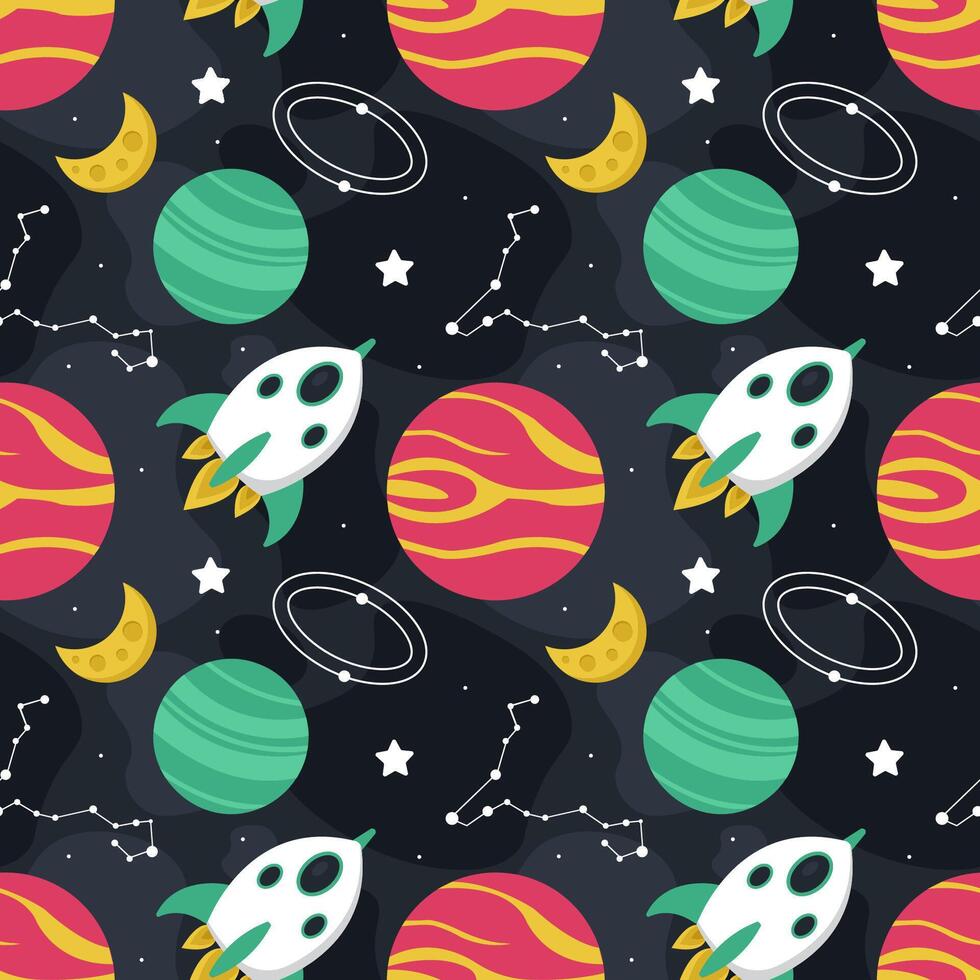Outer Space Cartoon Seamless Pattern with Rockets, UFO, and Orbiting Planets vector