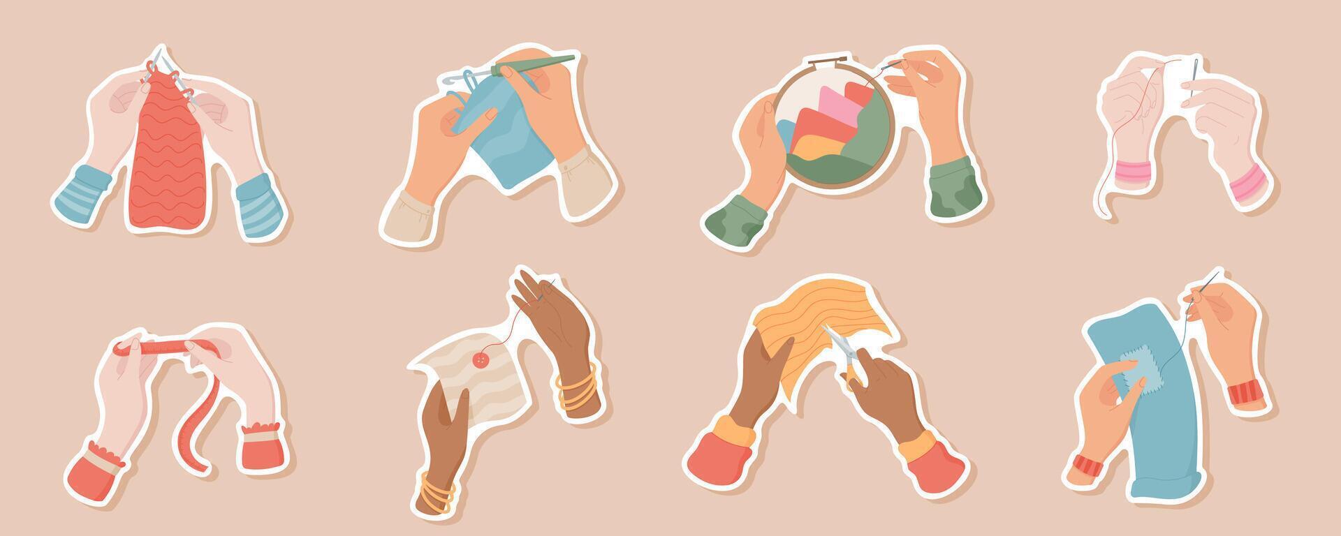 Sticker pack of hands crocheting, sewing, and embroidery with thread and needle. Cute illustration of various hand positions holding sewing tools. Essential supplies for handmade craft projects. vector