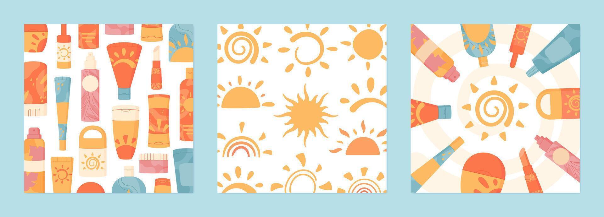 Cartoon sun shape and sunscreen background set, banner with uv factor protection cream pack and sunblock oil product, creative social media template with hand drawn sun shapes for summer posts vector