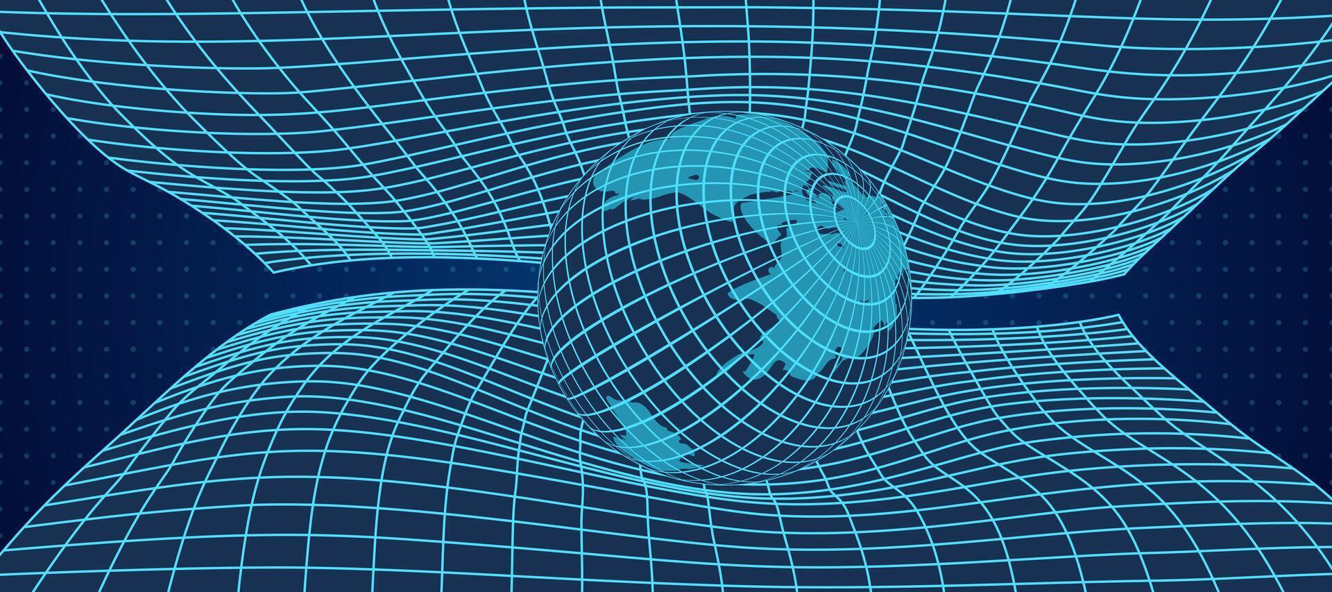 Abstract 3D illustration with a grid and mesh wireframe sphere in a warped, undulating rectangular shape. Geometric Y2K design combines a cyberpunk aesthetic with neon colors against a dark background vector