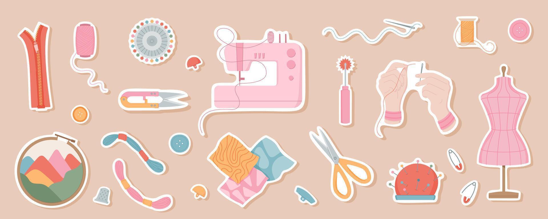 Hand drawn sewing tools and accessories set. Includes needle, thread and sewing machine, also bobbin and embroidery icons for sewing projects. Perfect for tailor and crafts illustrations and designs. vector