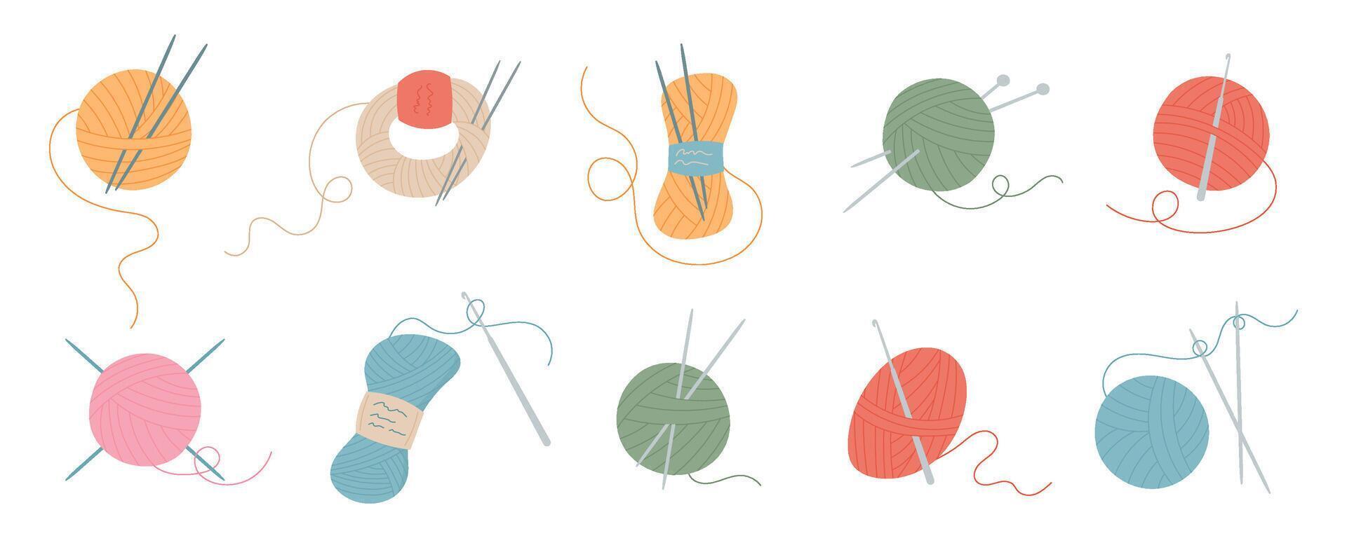 Yarn balls with knitting needles and spools of thread collection. Cute illustration of essential tailor supplies for handmade embroidery and sewing projects. Perfect for crafting and needlework design vector
