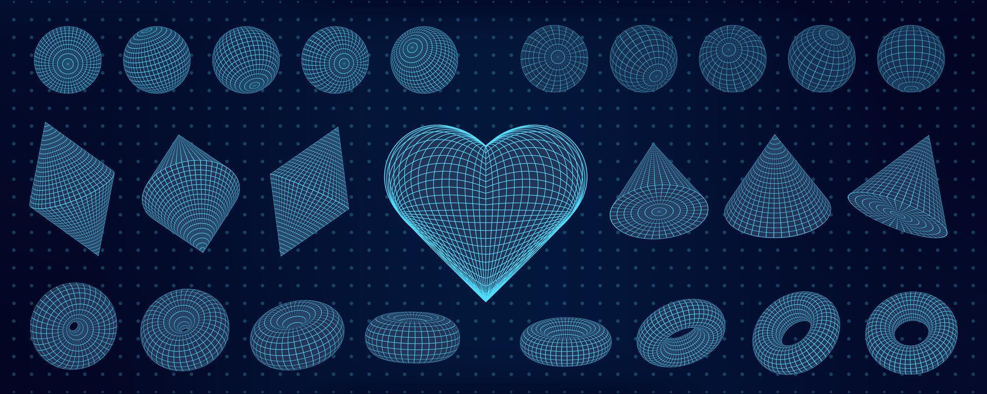3D abstract grid shapes with wireframe mesh patterns. Heart, torus, cones highlight cyberpunk Y2K geometry and neon tech style. Psychedelic retro futuristic art elements on dark background vector