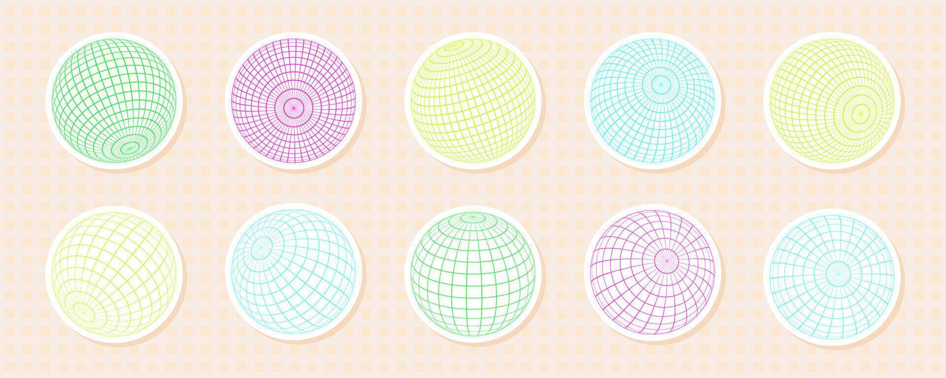 Collection of 3D spheres featuring grid and wireframe patterns. Abstract y2k sticker style with geometric, mesh globe elements in vibrant pastels and neon colors. vector