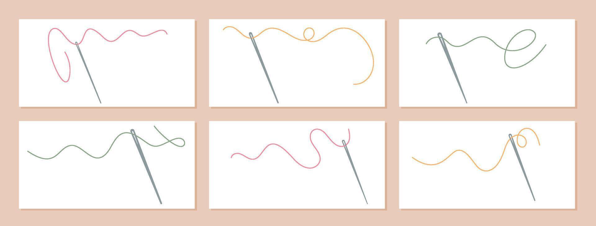 Thread and needle composition set with needles threaded with colorful threads. This collection showcases the essentials of sewing, with tailor needles, thread, and sewing crafts. vector