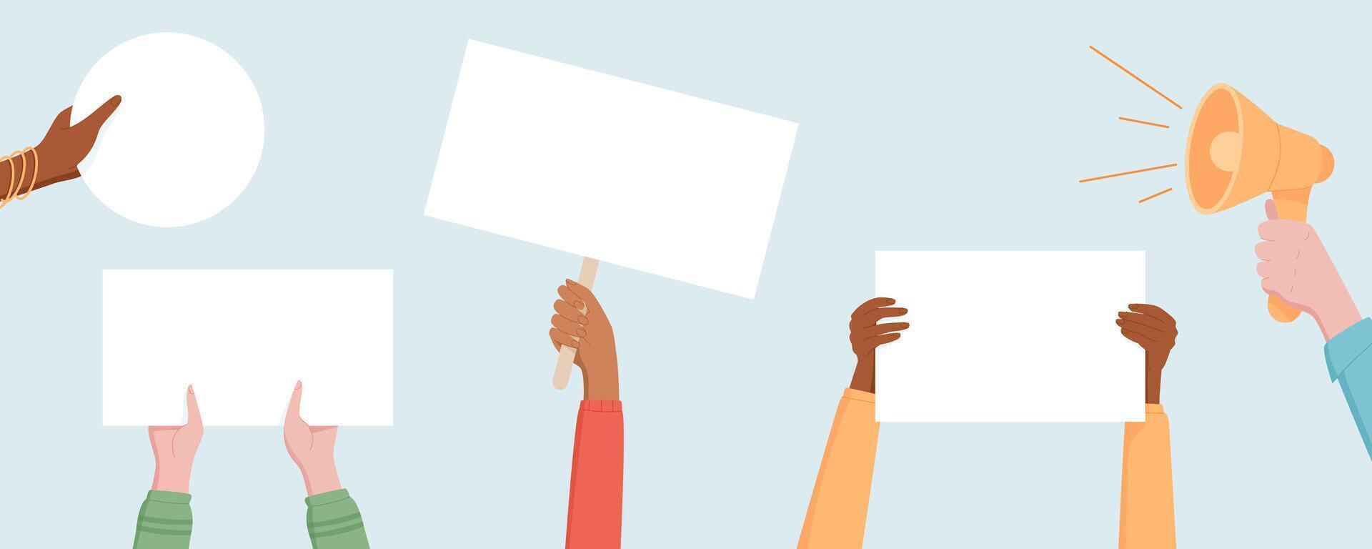 A group of hands holds blank signs and banners at a election rally. People wave template placards, showing support to political campaign. The crowd, men and women, stands in solidarity of the politics vector