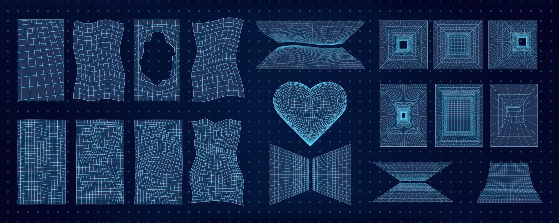 Abstract wireframe 3D shapes including mesh grids, hearts, and tunnels. Y2k retro geometric design elements with a tech and cyberpunk style. Futuristic grid patterns and surreal forms. vector