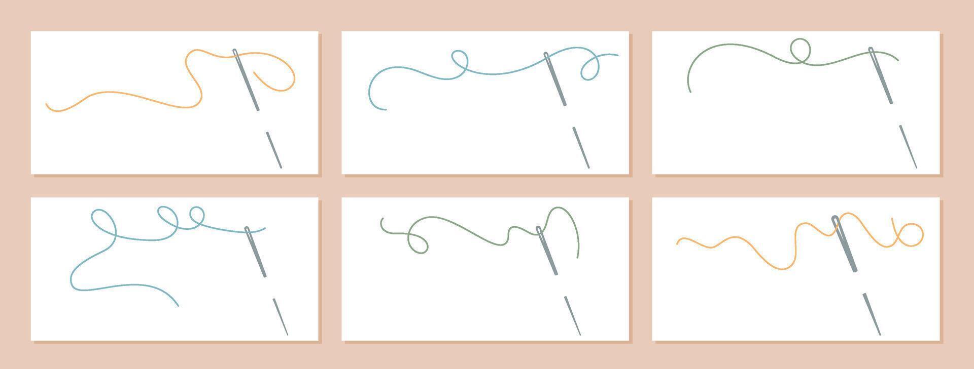 A dynamic set of thread and needle illustrations, highlighting various colorful threads in flowing lines. These sewing icons showcase tailor and sewing tools, emphasizing detailed craftsmanship. vector