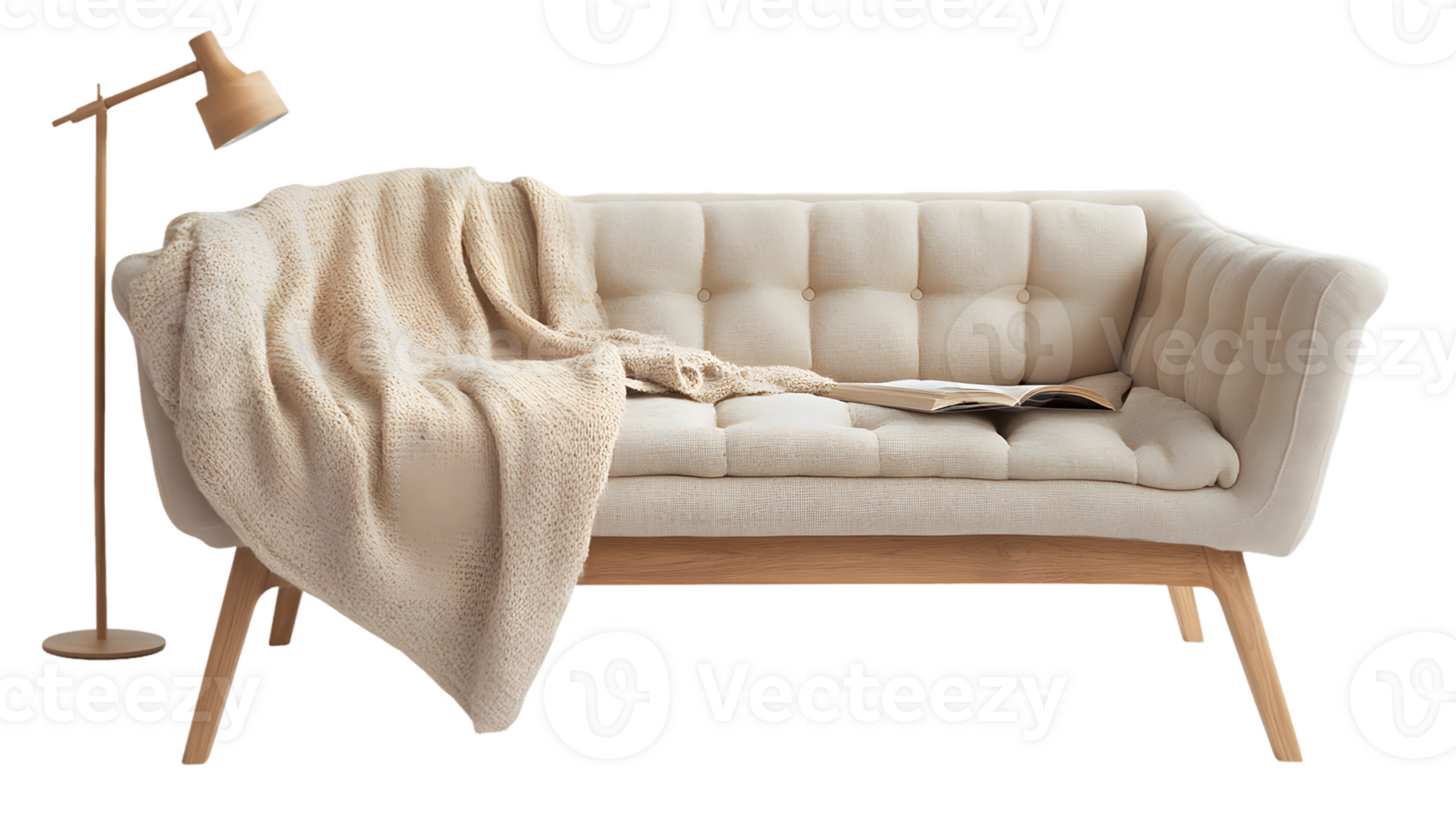 Elegant Beige Couch with Cozy Blanket and Stylish Floor Lamp in Modern Living Room Setting png