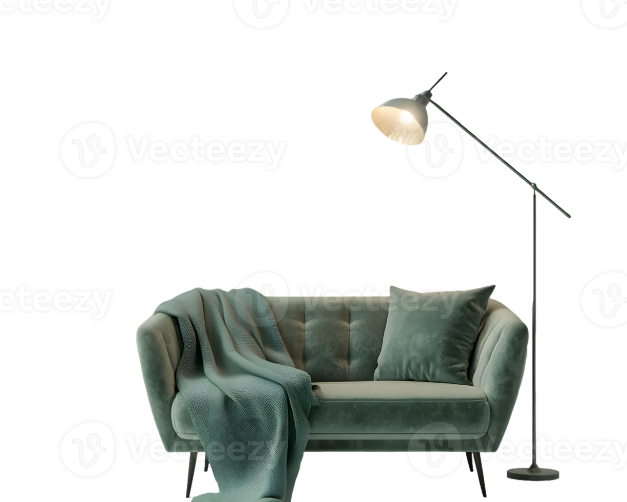 Modern Green Sofa with Decorative Pillows and Cozy Blanket Under Stylish Floor Lamp png