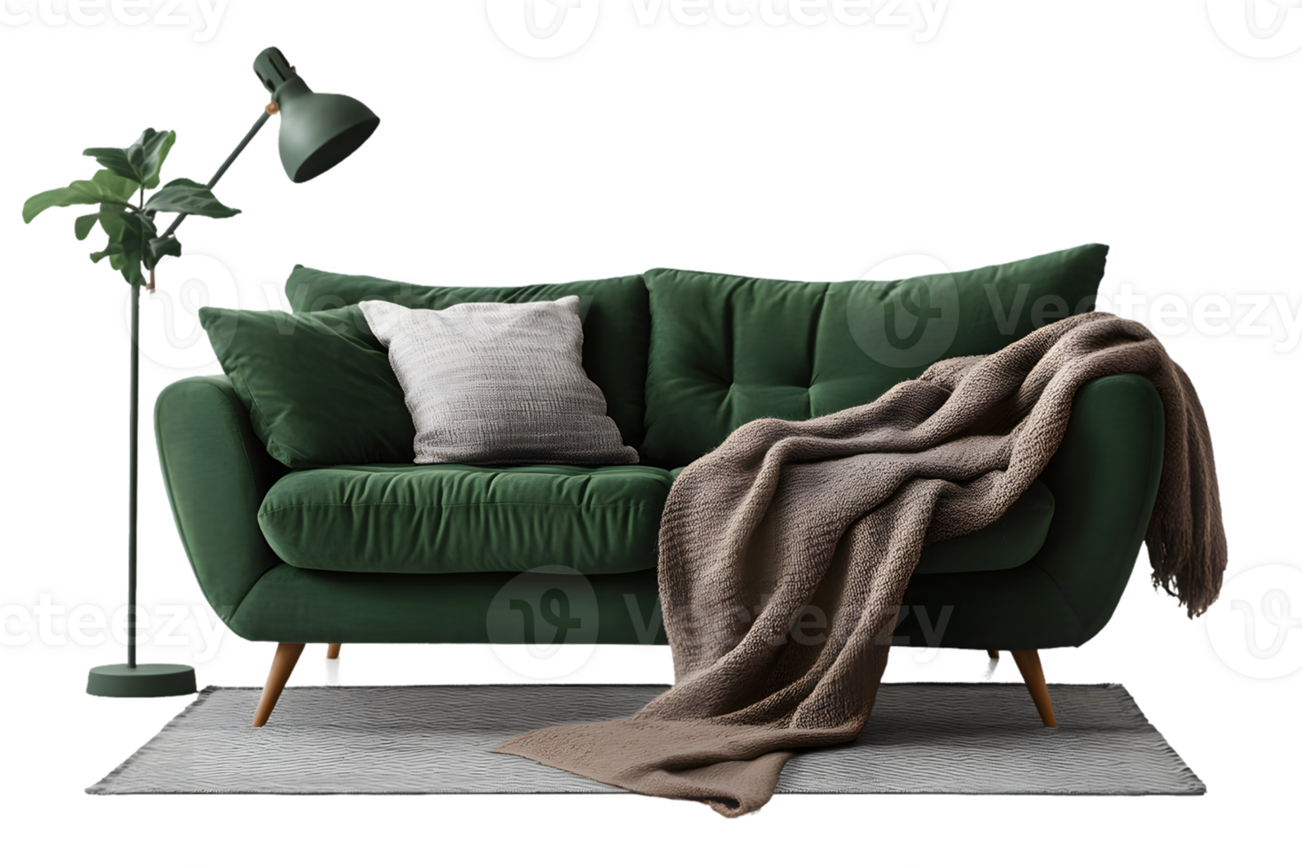 Stylish Green Sofa With Decorative Pillows And Cozy Blanket On A Patterned Rug png