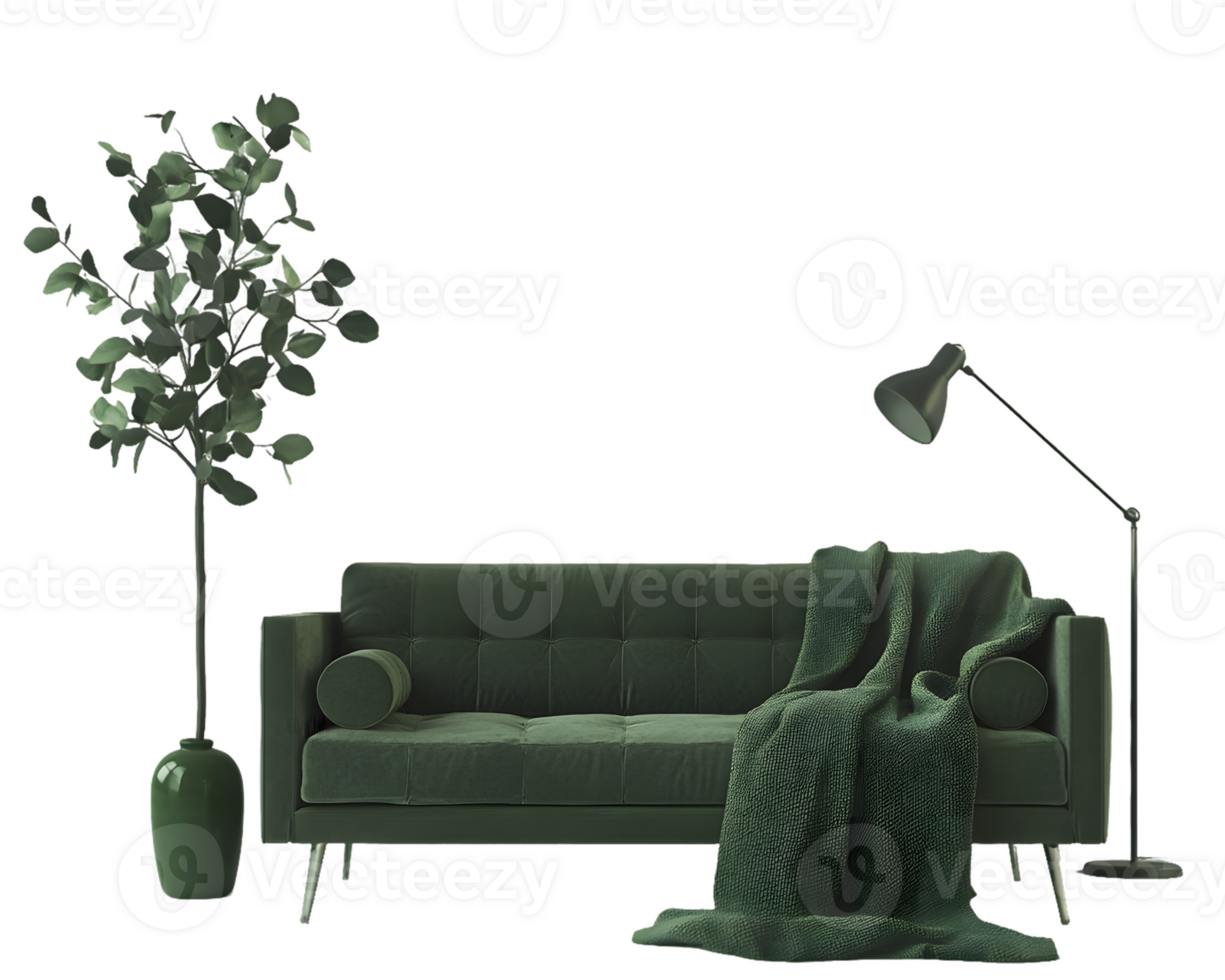 Stylish Green Sofa With Throw Blanket And Decorative Elements In Modern Living Room Setting png