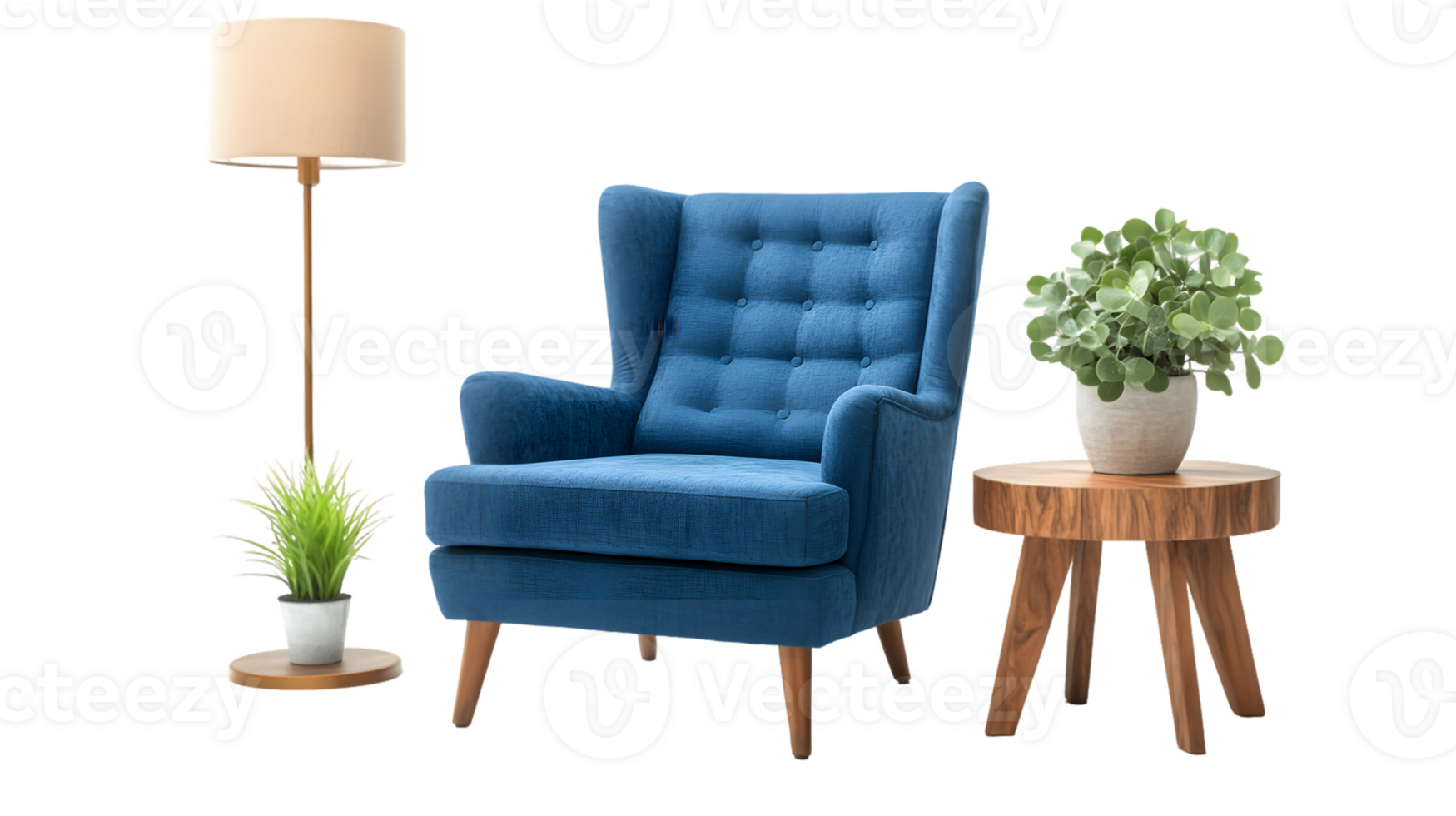 Stylish Blue Velvet Armchair with Standing Lamp and Wooden Side Table Featuring a Potted Plant png