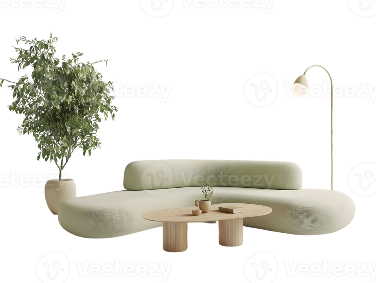 Modern Minimalist Living Room Setup with Soft Green Sofa, Wooden Table and Stylish Lamp png