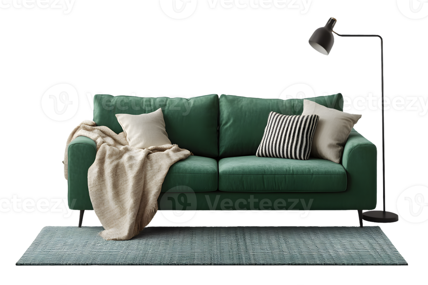 moderno verde sofá com lançar almofadas e suave cobertor em estampado tapete com luminária png