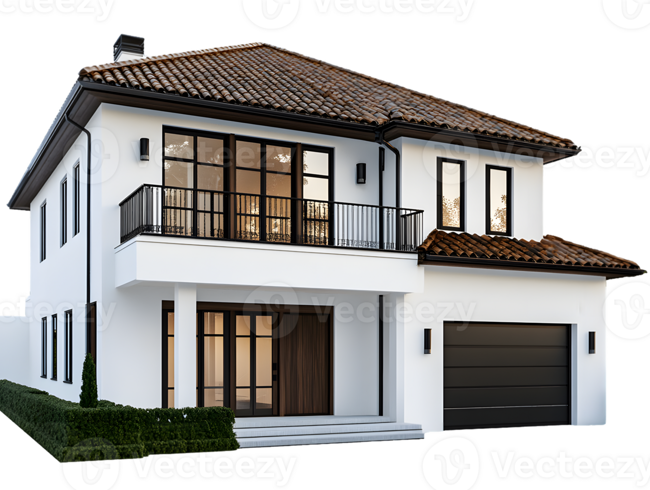 Modern Two-Story House With Tiled Roof And Elegant Balcony Surrounded By Lush Greenery png