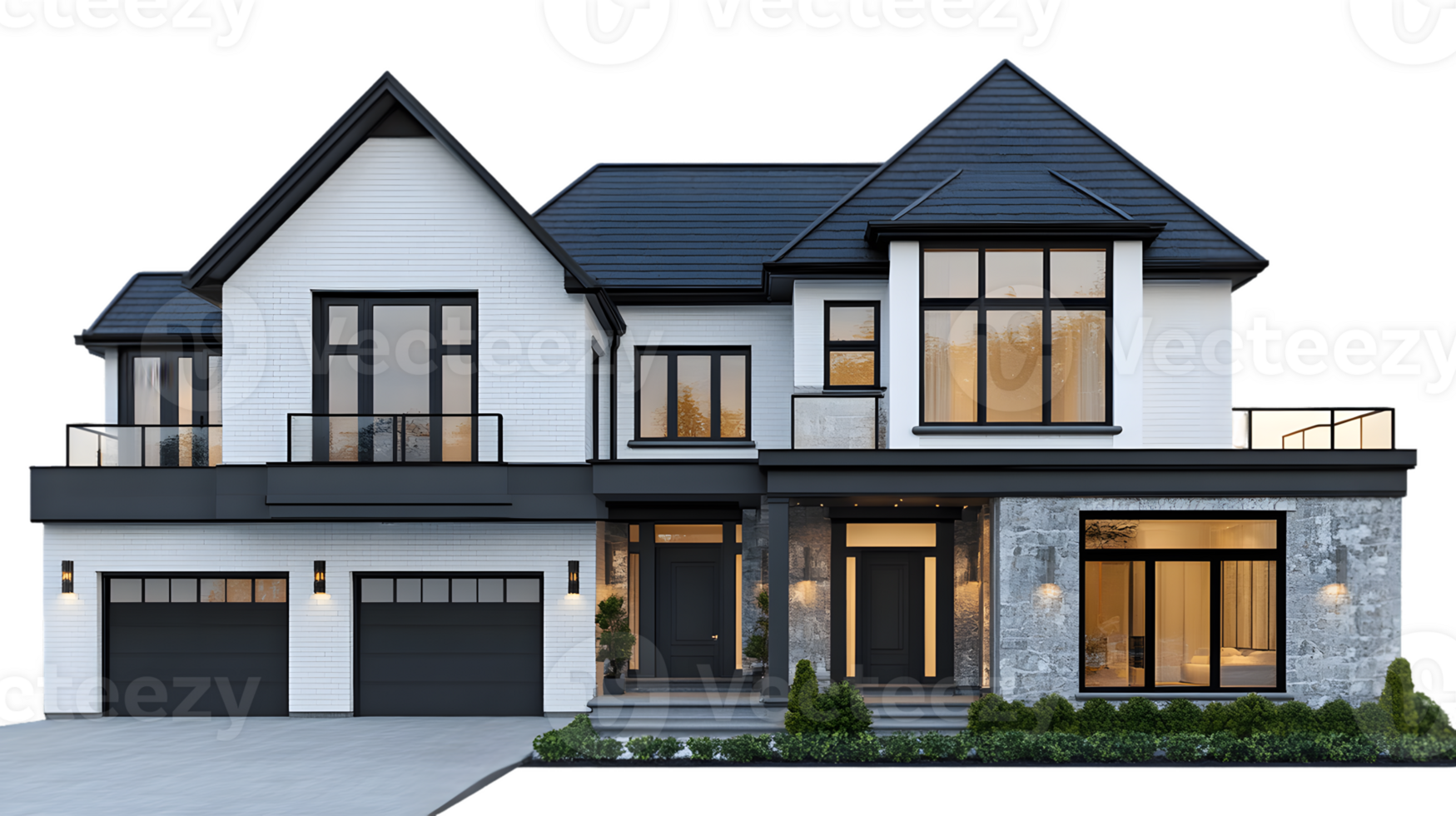 Modern Two-Story House With Large Windows And Elegant Stone Accents Surrounded By Landscaping png