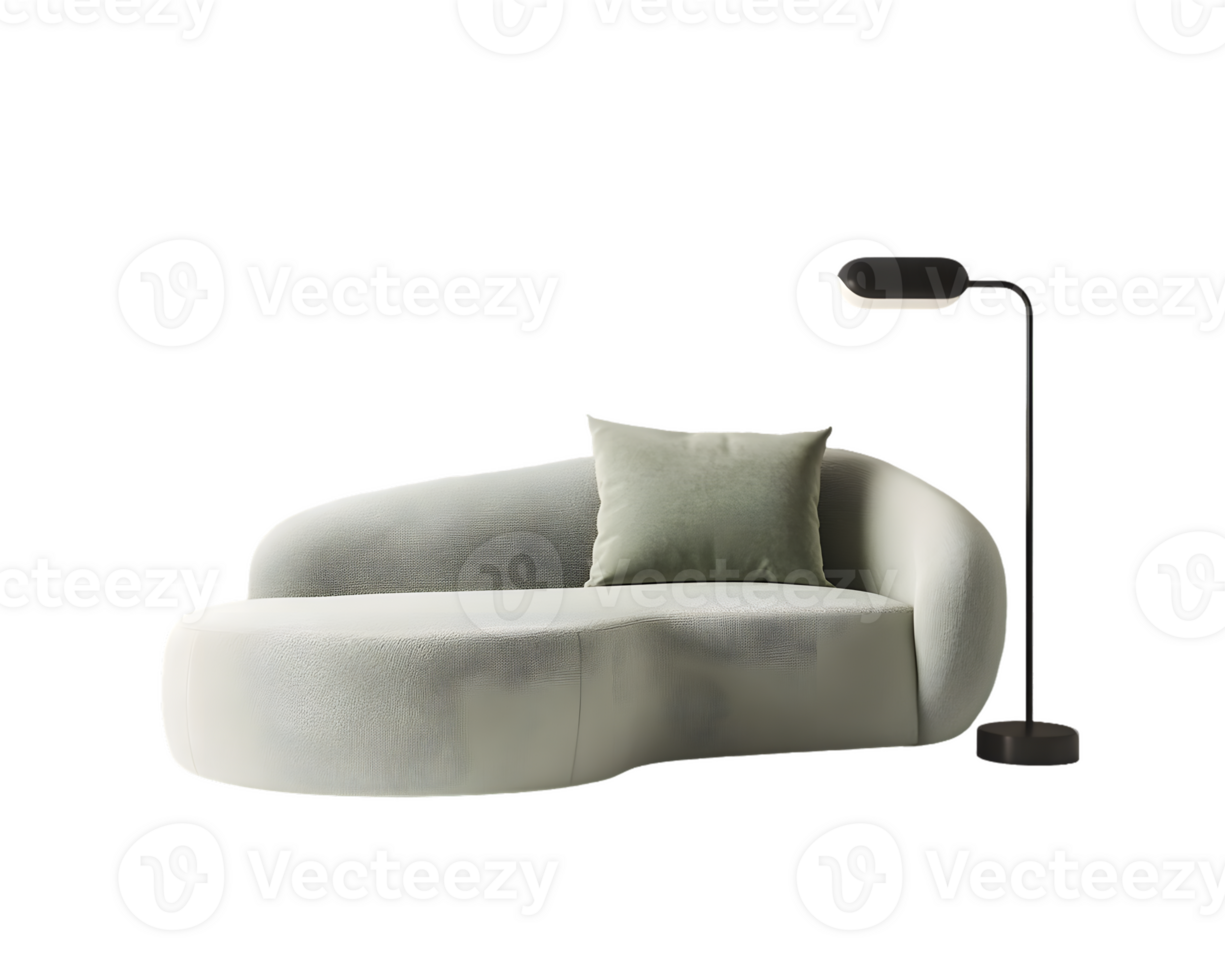 Stylish Modern Curved Sofa with Textured Upholstery and Elegantly Designed Floor Lamp png