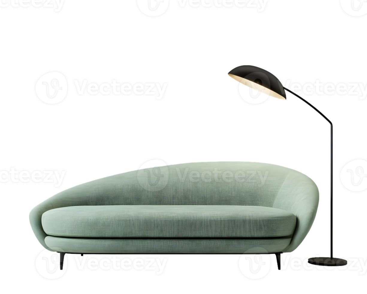 Stylish Modern Sofa with Textured Design and Sleek Lamp in a Minimalistic Living Room Setting png