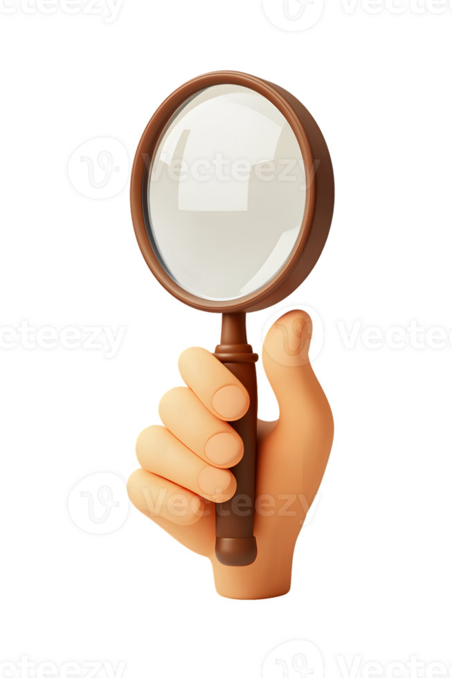 3D Illustration of a Hand Holding a Magnifying Glass with Brown Handle on Transparent Background png