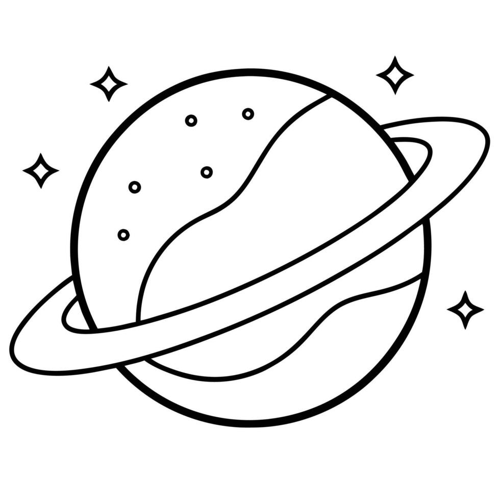 cartoon planet, simple line drawing, black and white illustration, ringed planet, cosmic, stars, minimalist space art, cute astronomy, children's book style, vector