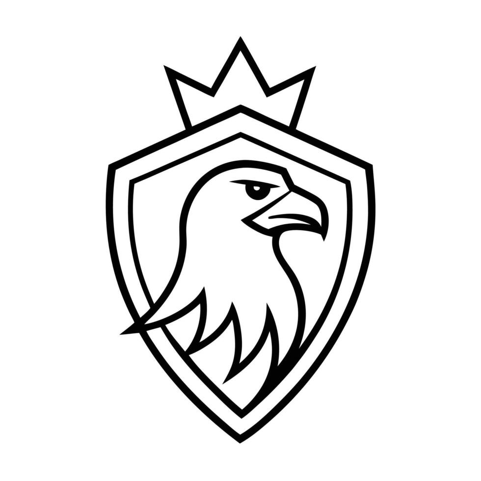 Logo design, eagle head, shield emblem, crown symbol, black and white, minimalist, bold lines, vector