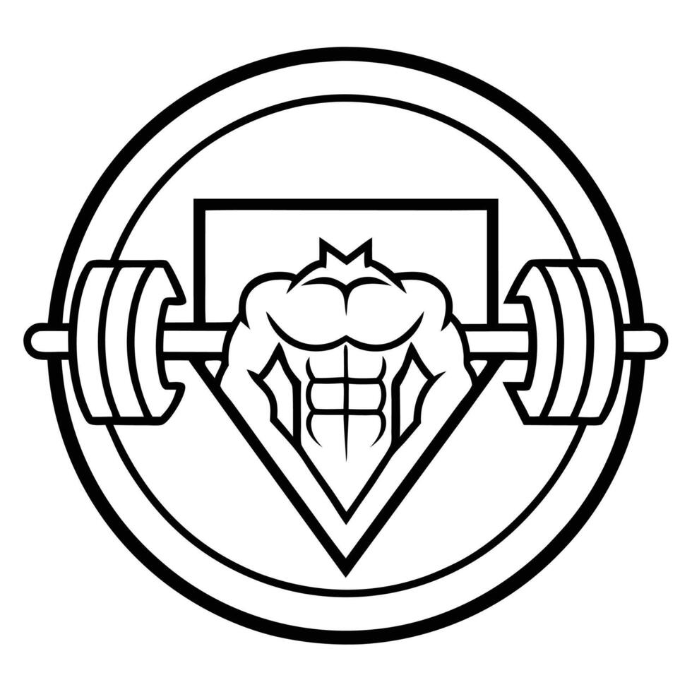 Logo design, fitness emblem, muscular torso silhouette, barbell, shield shape, circular frame, black and white vector
