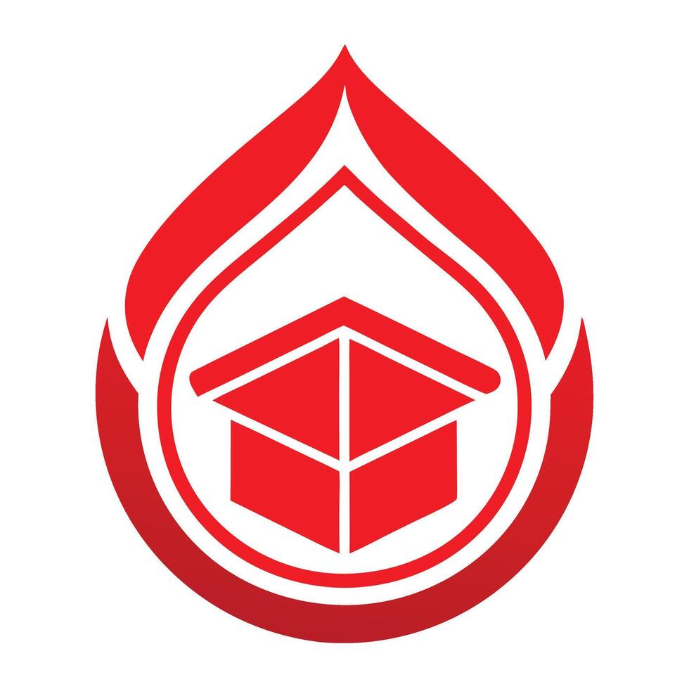 Red droplet logo, geometric design, open box icon, flame shape, minimalist, clean lines, bold graphic, vector
