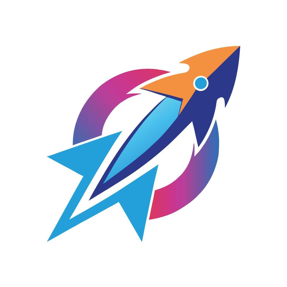 Abstract logo, rocket ship, vibrant colors, gradient, blue and orange arrows, purple circular element vector