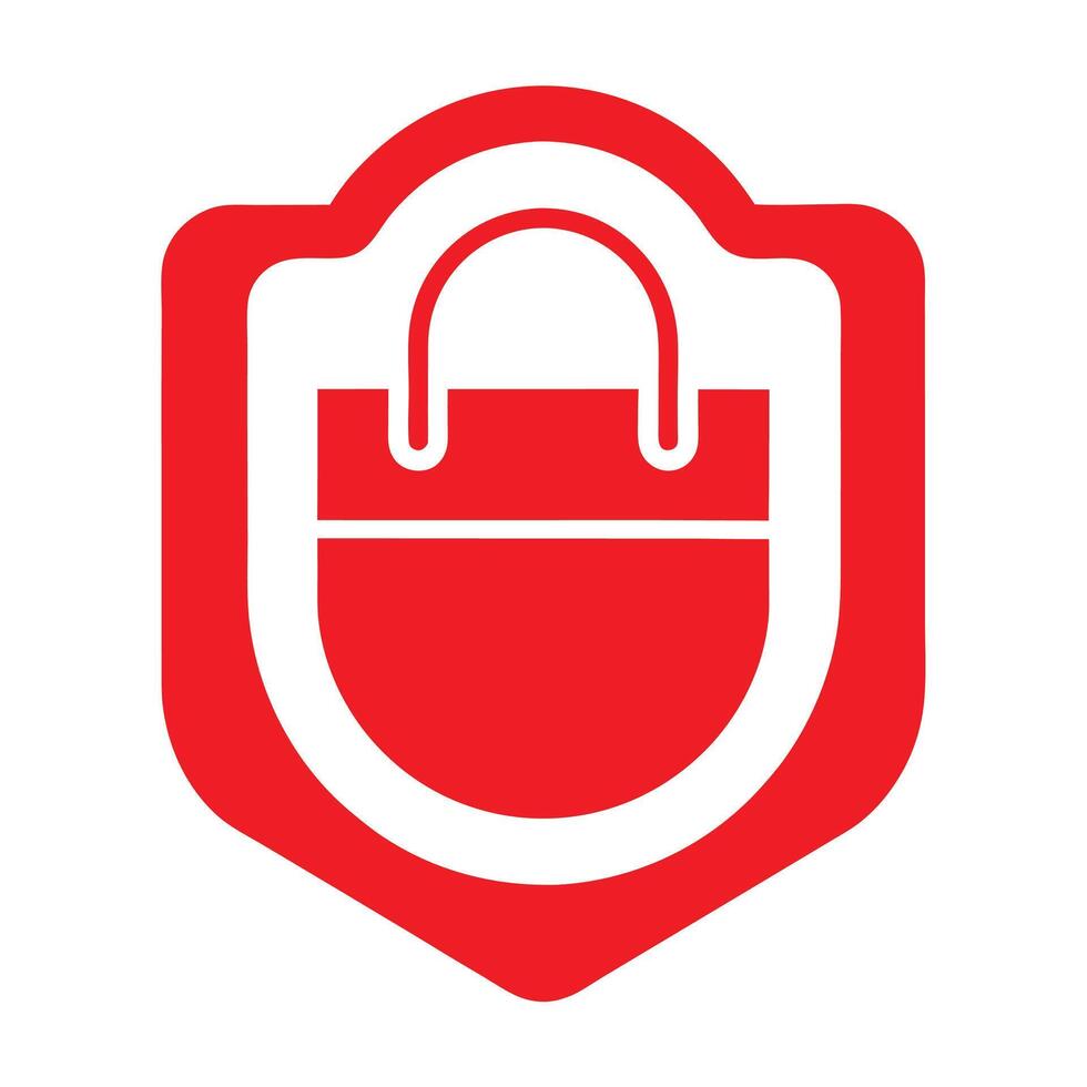 Red icon, shopping bag, shield shape, minimalist design, bold graphics, e-commerce symbol, vector