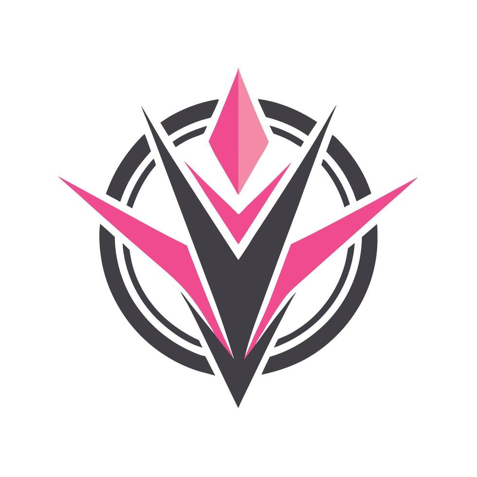 Logo design, geometric shapes, pink and black color scheme, abstract V shape, sharp angles, symmetrical composition, vector