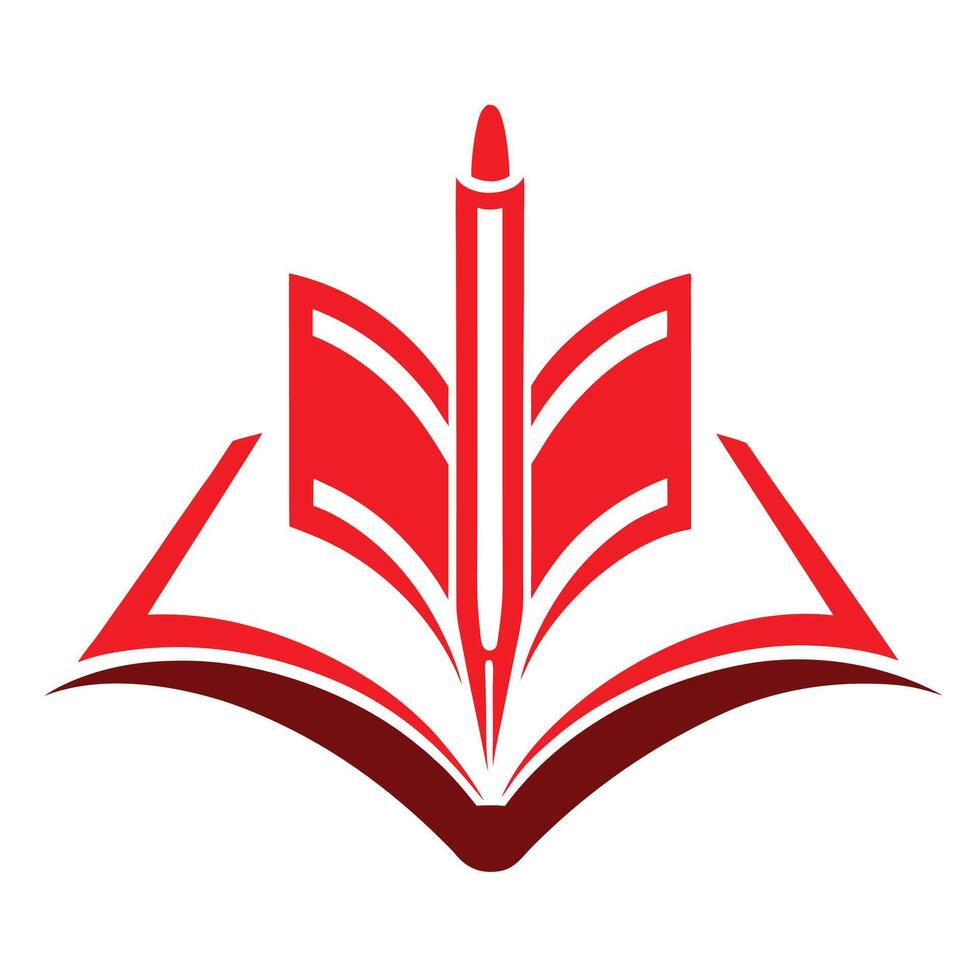 Red stylized book logo, open book pages, pencil icon, educational symbol, minimalist design, flat graphic, writing concept, vector