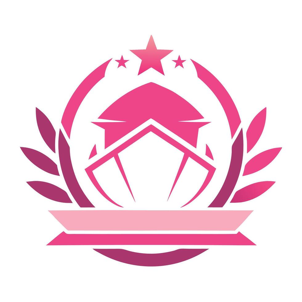 Logo design, graduation cap, stars, laurel wreath, pink and white color scheme, minimalist, vector