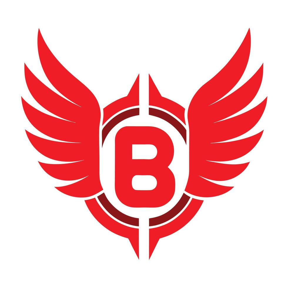 Logo design, stylized letter B, red wings, emblem, symmetrical, bold, minimalist, aviation-inspired, corporate identity, graphic, sharp edges, dynamic, modern, striking, iconic vector