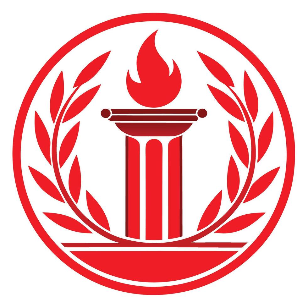 Red circular emblem, classical torch icon, laurel wreath, minimalist design, bold lines, symmetrical composition, vector
