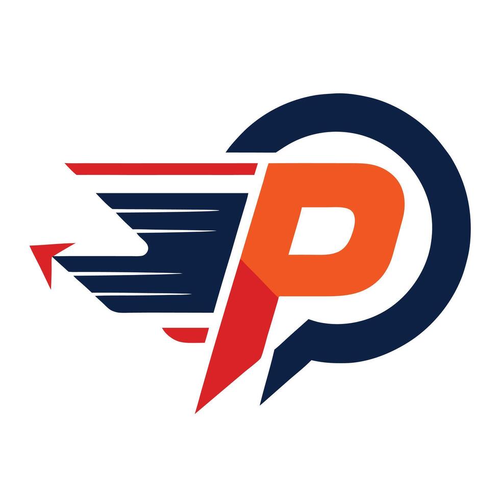 Logo design, stylized letter P, abstract eagle wings, red and orange gradient, navy blue accents, dynamic motion lines, vector